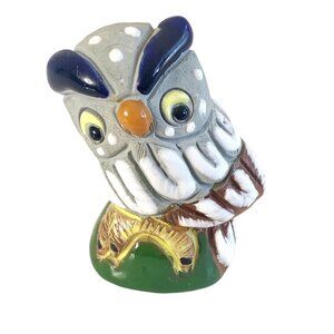 Adorable Owl Figurine Ceramic Red Clay Hand Painted Folk Art Miniature